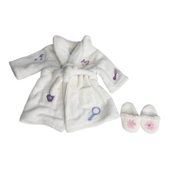 American Girl Doll Spa Robe Slippers Head Towel Set Terrycloth White Blue Pajama - Picture 7 of 9